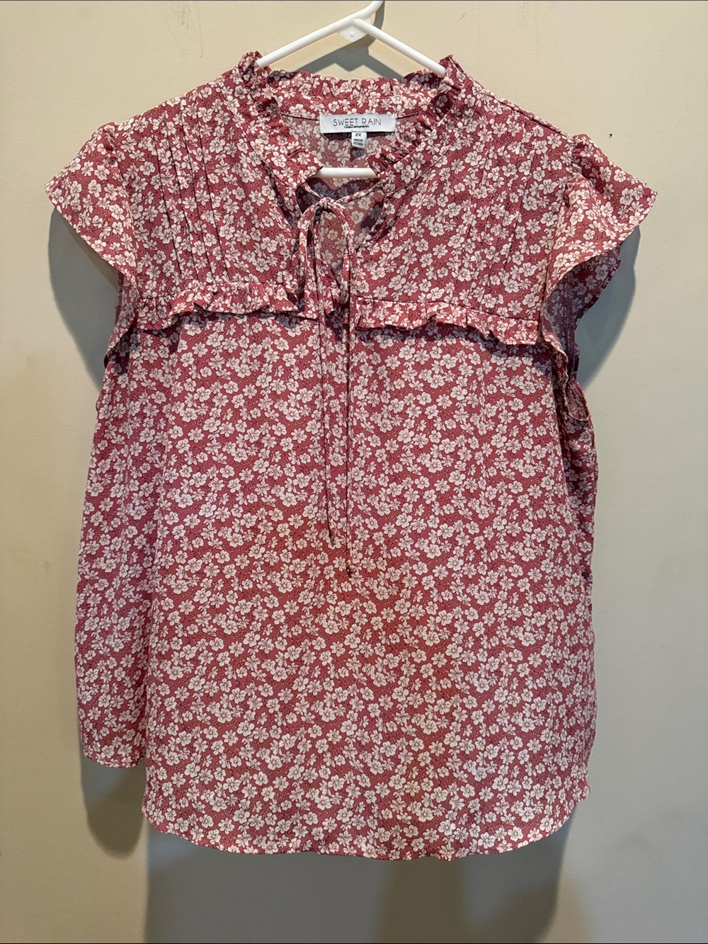 Sweet Rain Rose-Pink Floral Ruffle Tie-Front Blouse